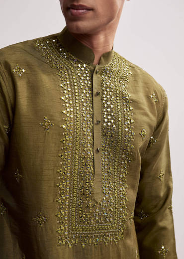 Green Silk Kurta Set For Men With Hand Embroidery