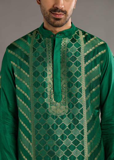 Green Silk Kurta Set For Men With Handwoven Jacquard Work