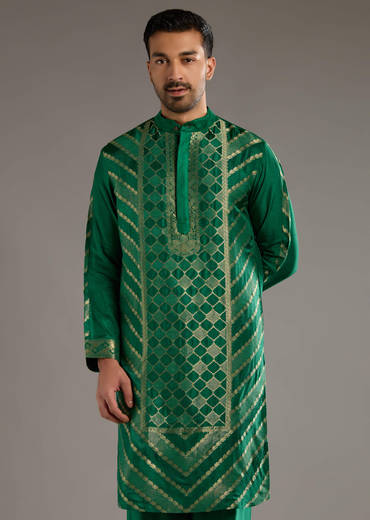Green Silk Kurta Set For Men With Handwoven Jacquard Work