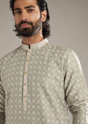 Green Silk Kurta Set For Men With Printed Motifs