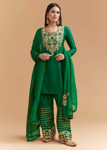 Green Silk Kurta Set With Gota Work