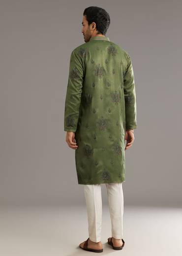 Green Silk Kurta Set With Printed Artwork