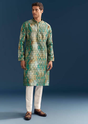 Green Silk Printed Kurta Set For Men With Foil Butti Embroidery
