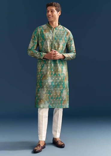 Green Silk Printed Kurta Set For Men With Foil Butti Embroidery