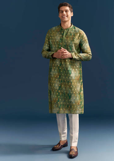 Green Silk Printed Kurta Set For Men With Foil Butti Work