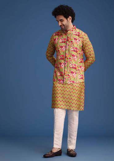 Green Silk Surreal Printed Kurta Jacket Set
