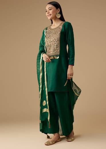 Green Pure Raw Silk Zardozi Embellished Kurta Set