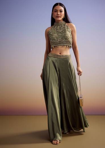 Green Tissue Crop Top Set With Embroidery