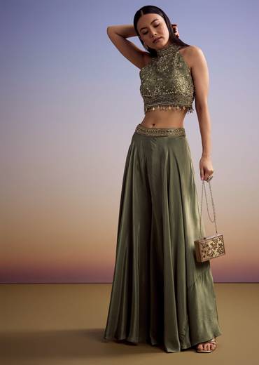 Green Tissue Crop Top Set With Embroidery