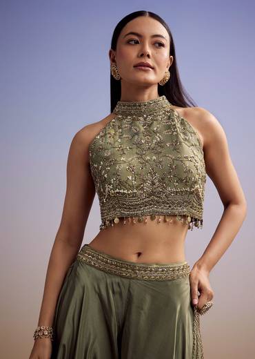 Green Tissue Crop Top Set With Embroidery