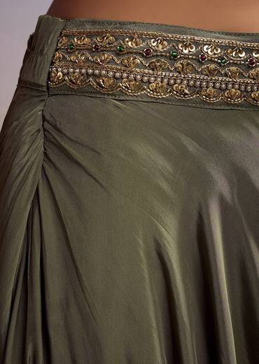 Green Tissue Crop Top Set With Embroidery