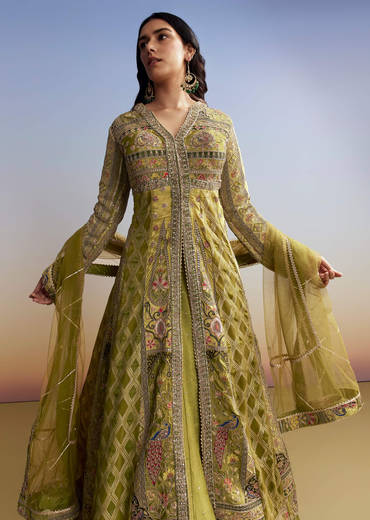 Green Tissue Kurta Lehenga Set