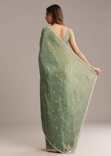 Green Tissue Saree With Bead And Cutdana Embroidery