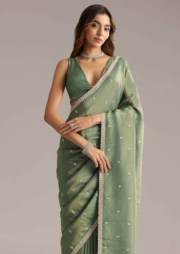Green Tissue Saree With Bead And Cutdana Embroidery