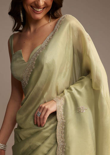 Green Tissue Saree with Cutdana and Sequin Embroidery
