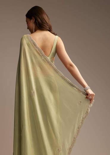 Green Tissue Saree with Cutdana and Sequin Embroidery