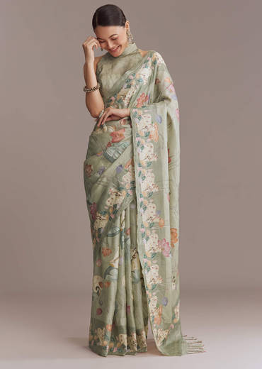 Green Tussar Embroidered Saree With Nature Motifs
