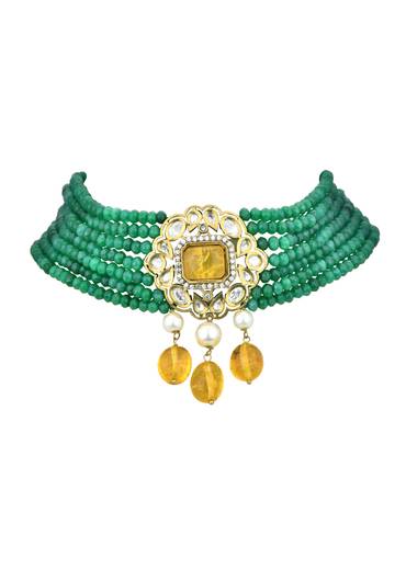 Green Beaded Choker Set With Yellow Floral Pendant