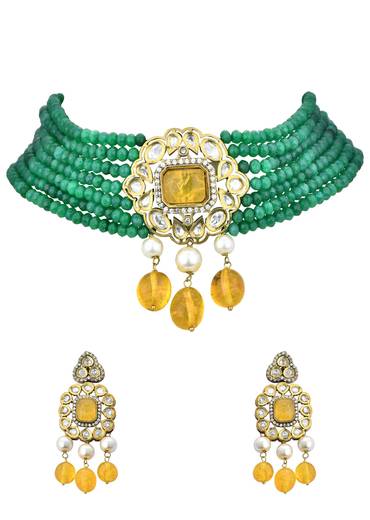 Green Beaded Choker Set With Yellow Floral Pendant