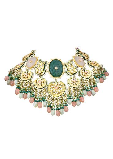 Green Kundan Choker Set With Carved Stones And Pink Beads