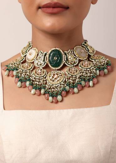 Green Kundan Choker Set With Carved Stones And Pink Beads