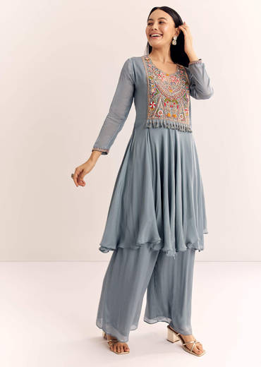 Grey Chinon Zardosi Kurta Palazzo Suit