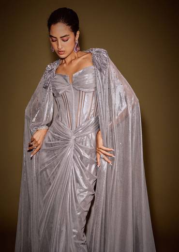 Grey Corset Drape Gown Paired With Embroidered Cape