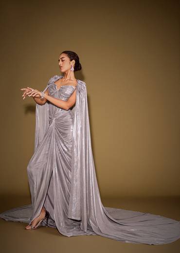 Grey Corset Drape Gown Paired With Embroidered Cape