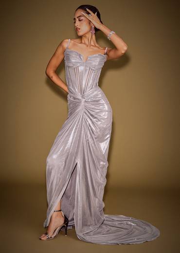Grey Corset Drape Gown Paired With Embroidered Cape