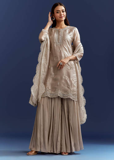Grey Cutdana And Sequins Kurta With Stone Work Dupatta In Tissue