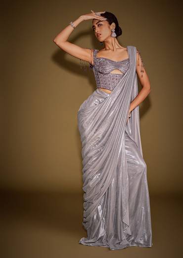 Grey Embellished Corset Blouse With Draped Saree And Tassel Detailing