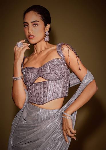 Grey Embellished Corset Blouse With Draped Saree And Tassel Detailing