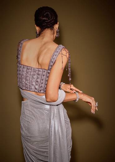 Grey Embellished Corset Blouse With Draped Saree And Tassel Detailing