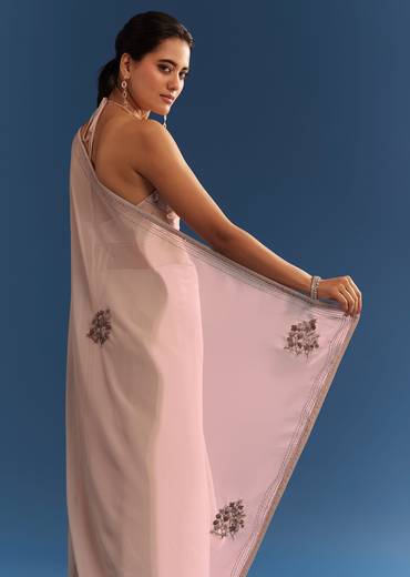 Grey Georgette Floral Resham Embroidered Saree