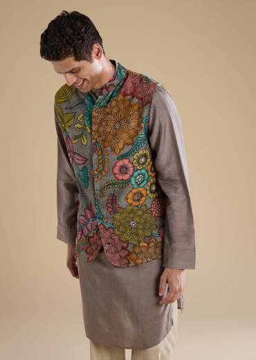 Grey Kalamkari Mens Jacket Kurta and Pant Set