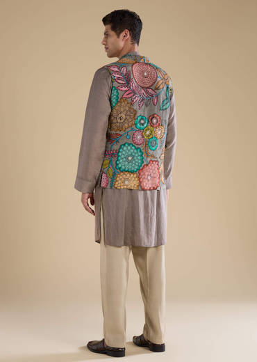 Grey Kalamkari Mens Jacket Kurta and Pant Set