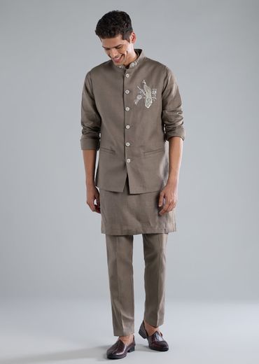 Grey Kurta Jacket Set With Zardosi Hand Work