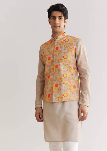 Grey Kurta Set With Floral Printed Jacket