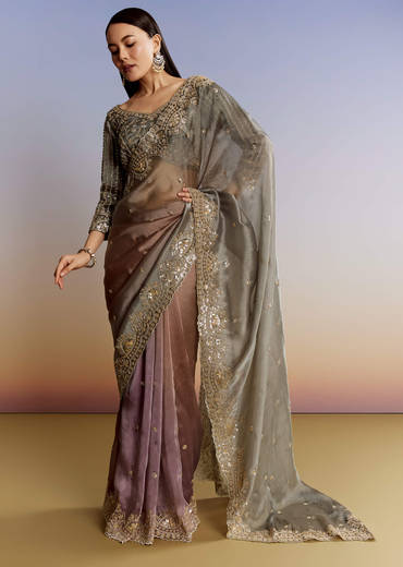 Grey Lavender Shaded Tissue Saree With Heavy Blouse Embroidery