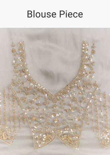 Grey Lavender Shaded Tissue Saree With Heavy Blouse Embroidery