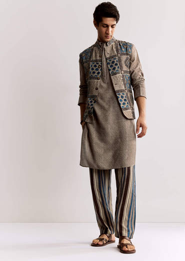 Grey Linen Kurta Jacket Set With Ajrakh Print