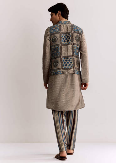 Grey Linen Kurta Jacket Set With Ajrakh Print