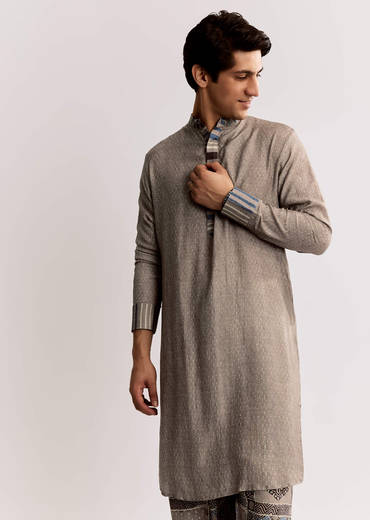 Grey Linen Kurta Set With Ajrakh Print