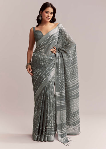 Grey Linen Printed Saree With Authentic Ajrakh Geometric Print