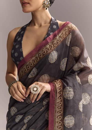 Grey Linen Saree With Authentic Ajrakh Print And Kantha Work