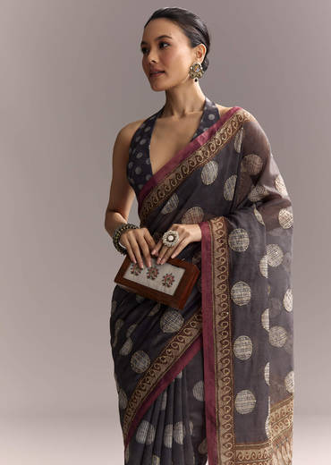 Grey Linen Saree With Authentic Ajrakh Print And Kantha Work