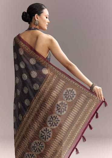 Grey Linen Saree With Authentic Ajrakh Print And Kantha Work