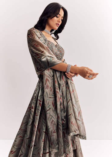 Grey Mirror Work Organza Tissue Lehenga Choli With Dupatta