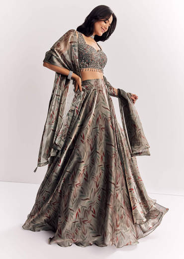 Grey Mirror Work Organza Tissue Lehenga Choli With Dupatta