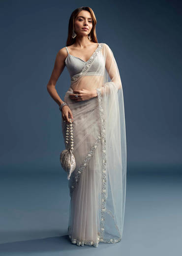 Grey Net Saree With Sequin And Bead Embroidery